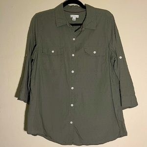 Croft & Barrow Sage Green Button Down Three Quarter Sleeve Polka Dot Size L